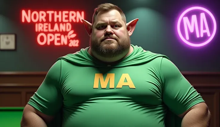 overweight very short thinning brown haired billiards player superhero, thin face, stubble beard, large pointed ears, has the large initials MA printed on his light green caped uniform,  neon sign Northern Ireland Open 2024 , snooker room 