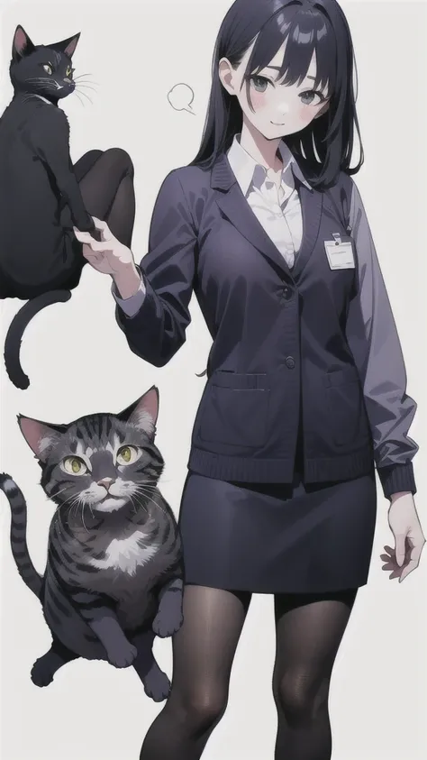 one girl,      simple white background,    office lady costume、   shortcuts , skirt、black tights、cat、