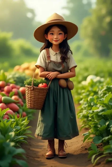 A long haired mother dressed as a filipino farmer, with hat, boots, basket. Smiling and contented in life. The background is an assorted veggetable garden. Like a homesteading venue.