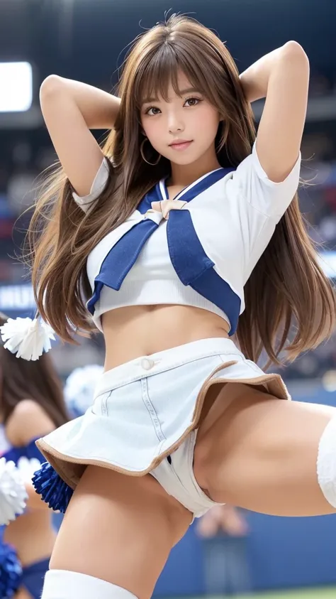 Product quality, 1 girl,  cowboy shot,Front View, Beautiful Young Japanese Women,Cheerleading,((Holding large colorful pom-poms in both hands)),smile,(Stadium Background:1.3),((Focus on the thighs:1.6)),((Blue Cheerleader Uniform :1.5)),(((super short whit...