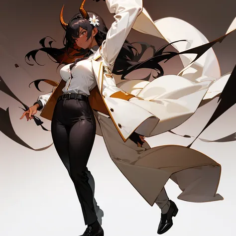 Women,  black hair, bull horns, dark skin,  Big breasts,  big butt.  Clothes silk jacket color coffee with milk ,  white silk jacket with flower details, brown belt,  black pants ,  dress shoes color white . Pose serious and cocky , simple color background