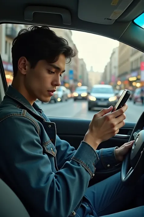 Young man driving a car while looking at his cellphones 