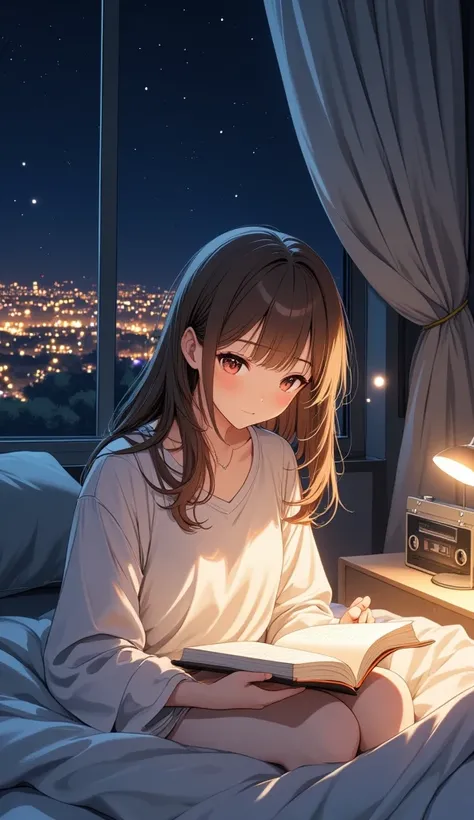 "Lo-fi aesthetic artwork of a 20-year-old woman reading a book in a cozy, dimly lit bedroom at night, in the style of a Japanese anime. The soft glow of a small bedside lamp casts gentle, warm light across the room, creating a calm and nostalgic atmosphere...