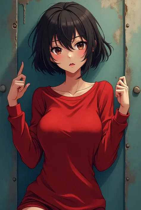 Beautiful girl with short hair with big breasts and wearing a tight red sweatshirt(anime style) That its stuck on a wall .