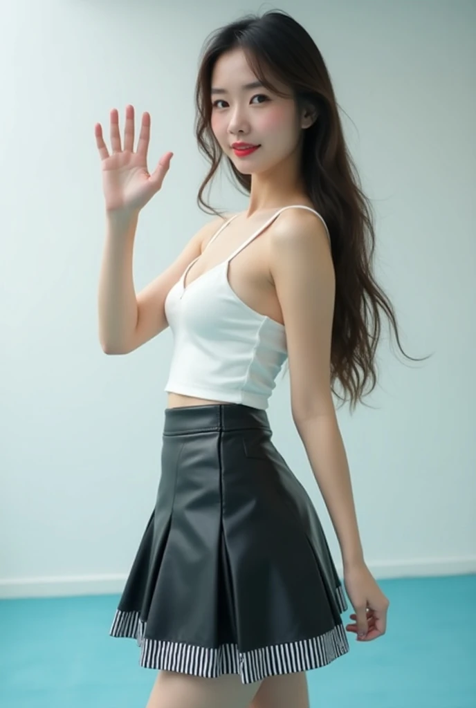 A beautiful lady, asian, Japanese, Long hair, Low height, turning a round in front of white wall in a new office with light blue carpet, Wearing a white camisole, Wearing a shiny black leather flare skirt knee length, a repeat bold text “IIIIIIIIIIII” in c...