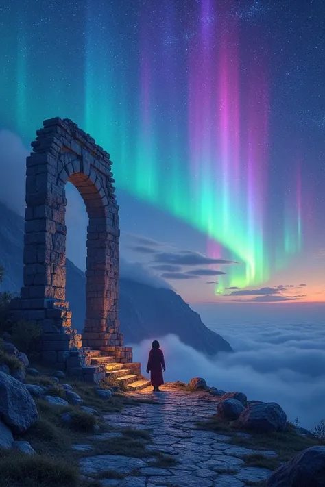 ((Best Quality)), ((masterpiece)), ( Details), Under the fantastic starry sky、Ancient ruins float 、 rainbow-colored auroras color the night sky。 mysterious light illuminates the ruins 、Ancient writing emerges。Far away、 unknown creatures hide shadows 