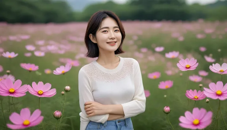 Beautiful 40 year old Korean woman standing in a field of blooming cosmos flowers, bust size 34 inches, 155cm tall, petite girl.  neat face , Medium hair,  sweet smile , shirt. Knit. Casual pants. white shoes, Cosmos stands in a flower garden with blooming...