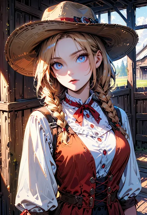 beautiful blonde vaquera with braids, blue eyes and hat, in a barn, detailed face, intricate braided hair, cowgirl outfit, standing in a rustic wooden barn interior, natural soft lighting, highly detailed, 8k, photorealistic, cinematic composition, warm co...