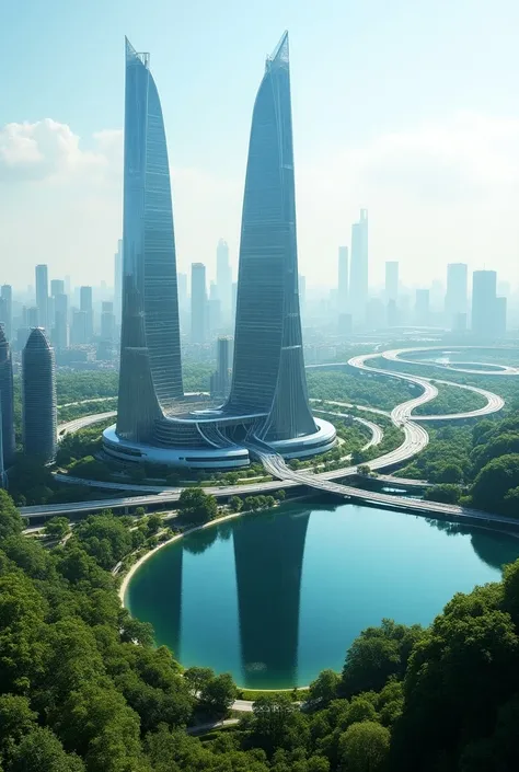 Generate futuristic big building with the logo SIMBAR CITY, LAKE, BRIDGE, LARGE GARDEN, GREEN CITY AND NATURAL SETTINGS AS WELL THERE IS A HIGHWAY, REALISTIC QUALITY ULTRA HD