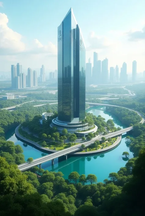 Generate futuristic big building with the logo SIMBAR CITY, LAKE, BRIDGE, LARGE GARDEN, GREEN CITY AND NATURAL SETTINGS AS WELL THERE IS A HIGHWAY, REALISTIC QUALITY ULTRA HD