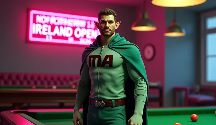 standing, thinned out receding brown haired billiards player superhero, thin face, stubble beard, large pointed ears, has the large initials MA printed on his light green caped uniform,  neon sign Northern Ireland Open 2024 , snooker room 