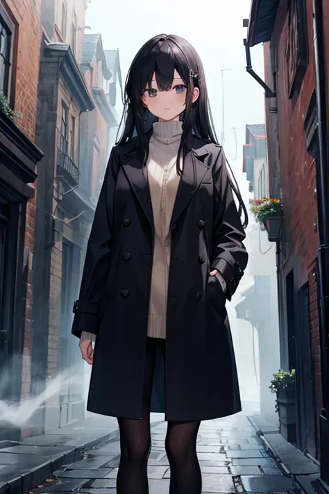 masterpiece,  High Resolution , high quality,  high detail,  1 girl, Long Hair, Black Hair, Long coat,Cobblestone Street,fog,Around town,濃いfog,Standing posture