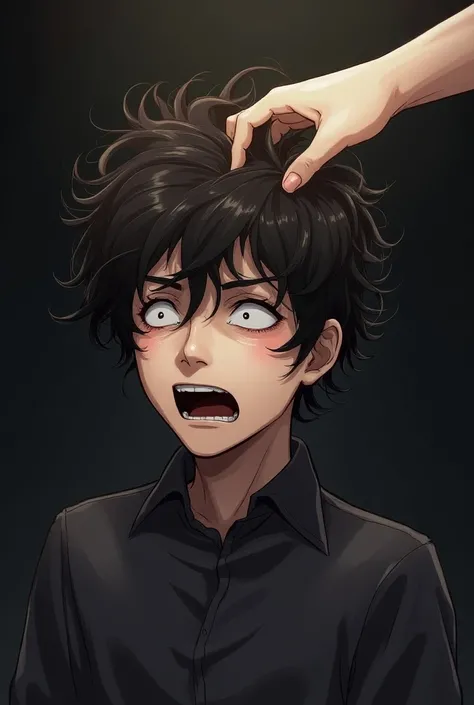 Make a decapitated head of a man with curly hair .  Make a feminine hand holding his hair and have the camera be slightly below them.  Make his eyes slightly open and make realistic anime or comic book-style art. Make a hand holding him by his hair . And d...