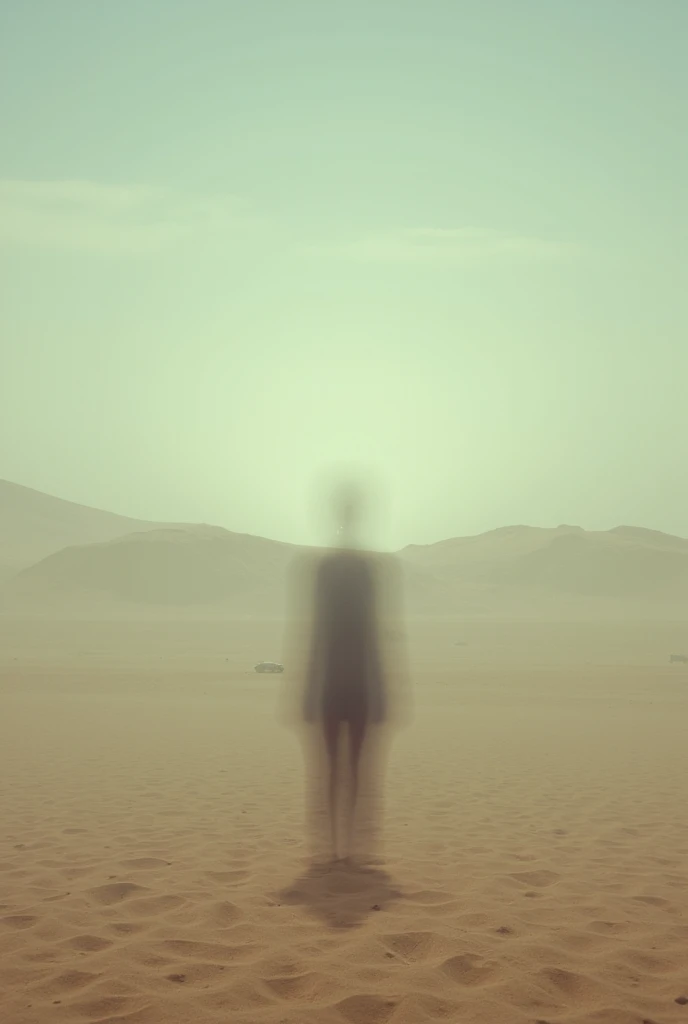  concept of the illusion with a desert in the background and a blurry silhouette on the horizon, reflecting the theme of unattainable mirages and illusions . 