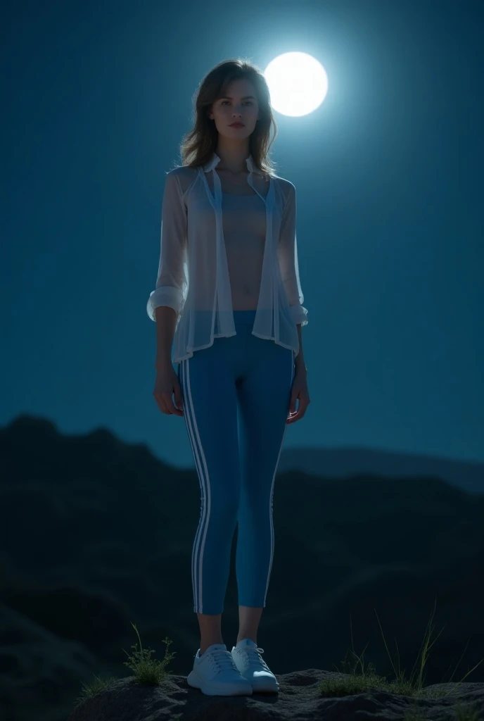 mature woman . slender body .  Moon on the face  .  Light blue lycra pants . White stripes  . tennis shoes . white sheer blouse .  Highlight pits  . under the moonlight 