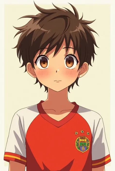 Brunette anime boy with brown hair and brown eyes wearing Flamengo shirt 