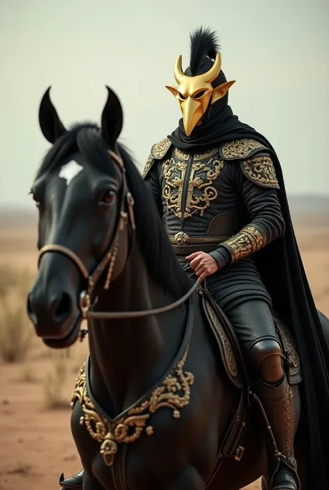 I want a Khmer general with a golden saurons mouth on a horse in black armor and a Burmese horse with Persian decorations