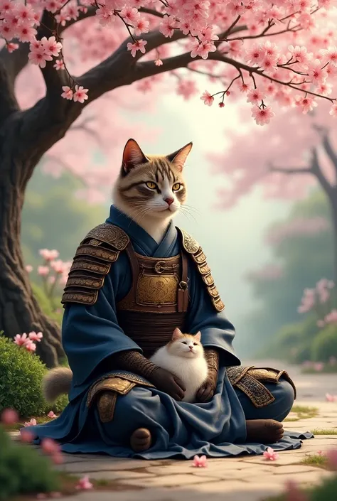 A samurai cat meditating under a cherry blossom tree, with a fluff ball resting on its lap, in a serene Japanese garden.