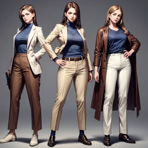 Women,  brown hair,  white skin,  medium breasts, medium ass, moles on the face.  Light brown gabardine clothing ,  dark blue pants ,  old mens shoes .  Warning poses with a gun, simple colored background ,  anatomically correct .