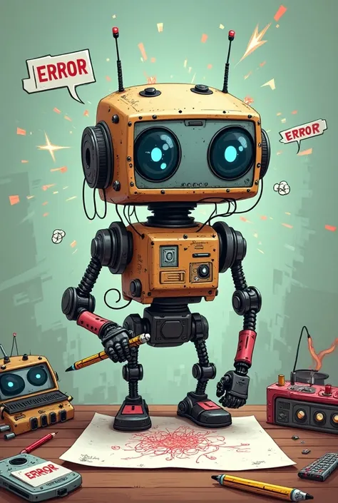 Create a humorous caricature of a malfunctioning robot with exaggerated glitchy features. The robot has large, uneven, pixelated eyes that blink erratically, and it’s surrounded by sparks and random beeping sounds. Wires are sticking out from its mechanica...