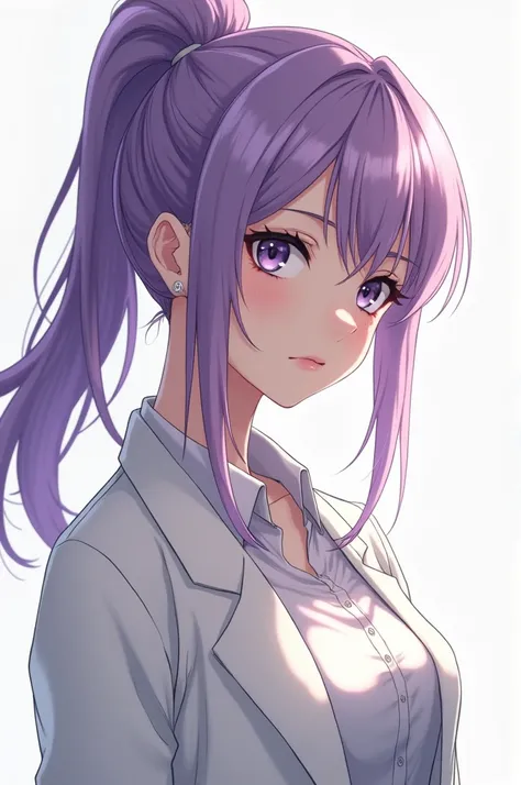 ANIME WOMAN,  tender purple hair , with a ponytail.  White skin with small freckles ,  with a white jacket and shirt, angry look . 