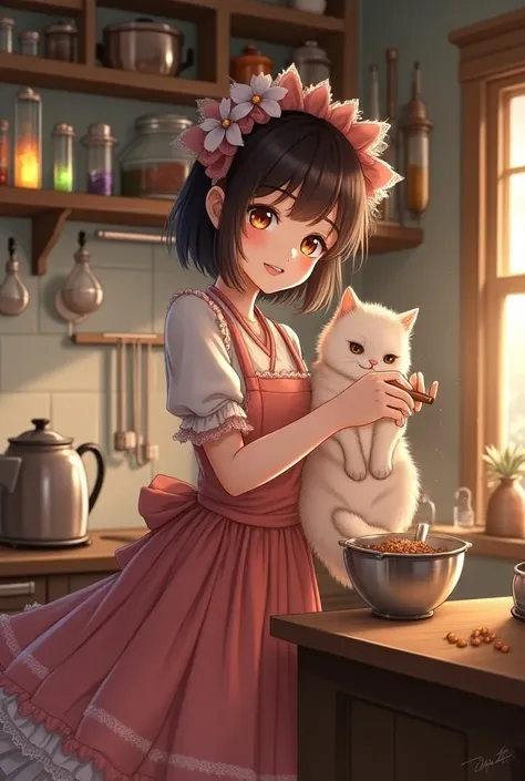  Cute Girl in Tadress 、 Cooking with My Partners Fluffy Cat、 steampunk、 Lots of Ruffle Dresses 、 Gorgeous Lace Decorations 、Glowing Test Tubes 、 Issuing Kitchen Bowls 、Friendly atmosphere、 High Resolution , masterpiece,  anatomically correct, accurate,  Mu...