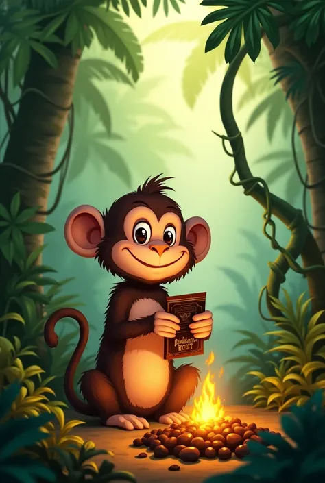 a monkey toasting a package of chocolate in the jungle