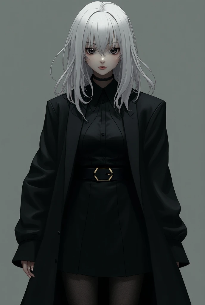  A girl with medium-short white hair wearing a black coat and black skirt and black tights, with black eyes with a star in her pupils 