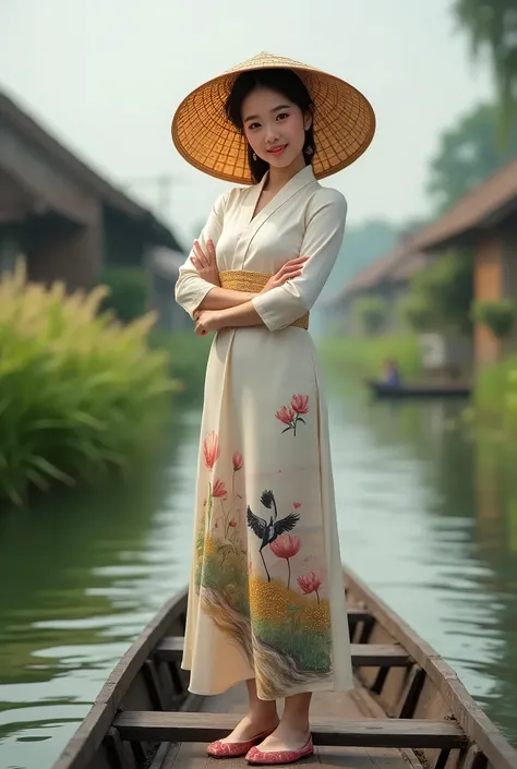 super sharp, super detailed, super full body portrait of an extremely beautiful and charming Vietnamese girl with big round eyes, pink lotus lips, beautiful white teeth with a super charming smile, wearing a Vietnamese conical hat painted with traditional ...