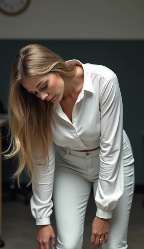 Hyperrealistic blonde hair woman, very beautiful and with a lot of bust, dressed in a white shirt with sleeves reaching to the wrist, white shirt very tight at the bust, white shirt like an office secretary and black pants,  where she is standing and falli...