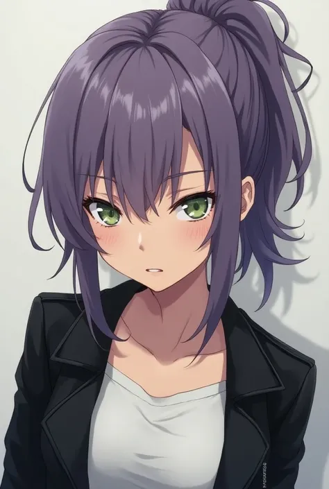 ANIME WOMAN,  tender purple hair , with a ponytail.  White skin with small freckles , green eyes.  wearing a black leather jacket and white shirt. With an angry and somber expression  