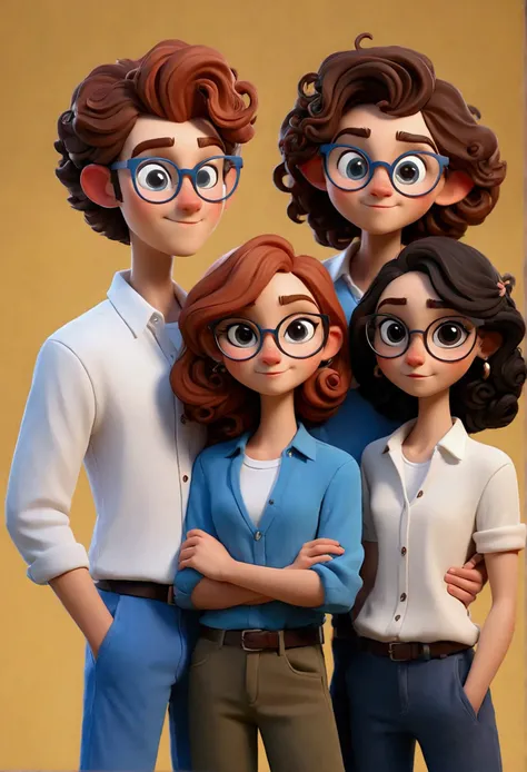 Create an image of four friends, two women and two men, all with white shirts and blue pants, the boys with glasses and one of the girls with straight hair and the other with curly hair.