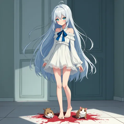 　White clothes　blue eyes　Long white hair　Forehead　Thin limbs　barefoot　Shoulder Bare　 Clothes made of ultra-thin fabric that are short to hide or not to hide underwear　Blue ribbon　White eyelashes　 stepping on a hamster with its foot 　  The hamster is crushe...