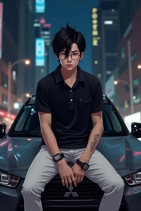 Funkopop black-haired man with his hairstyle on one side and who has white leather and a black polo shirt with a collar and pants that suit him and also that he has a Samsung digital watch and white shoes and that he is sitting on top of the hood of a 2013...