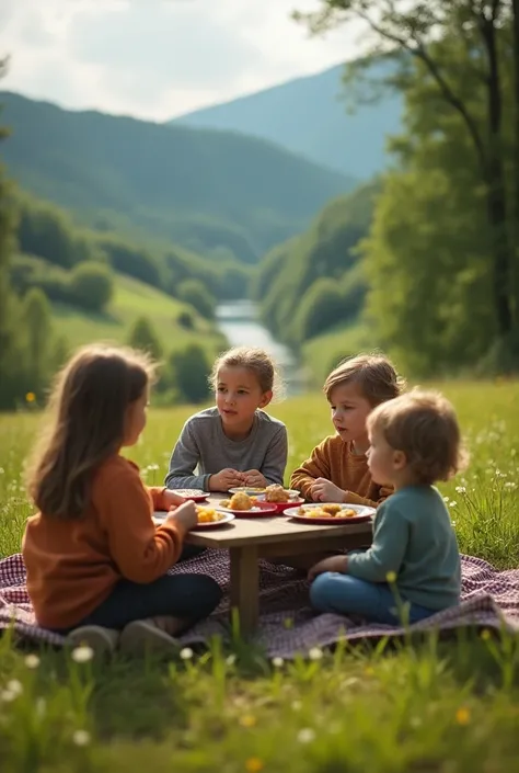 Realism，photography：Kids eating lunch，outdoor camping，Europe and America