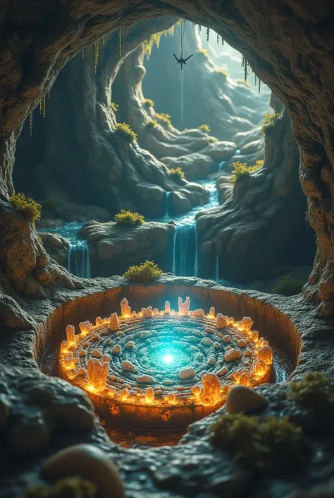 cave city ，inner ring structure ， inner chaos maze ， it has an energy ball on it（（（full of crystals））），water flow，dim light，magi...