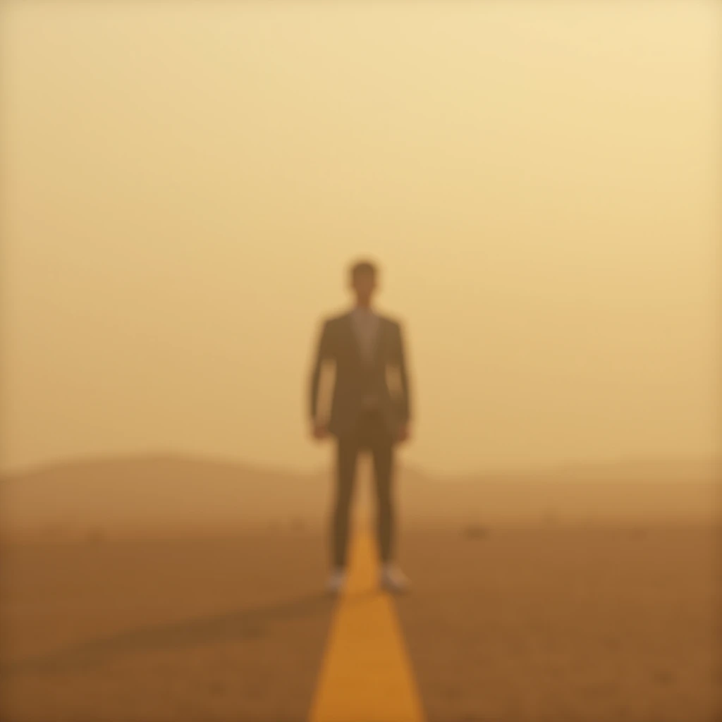  reflecting the theme of illusion and mirage,  featuring a minimalist design ,  but visually intriguing . A blurry masculine silhouette on the horizon, as if it were a mirage . with warm colors. captures the concept of illusion with a desert in the backgro...