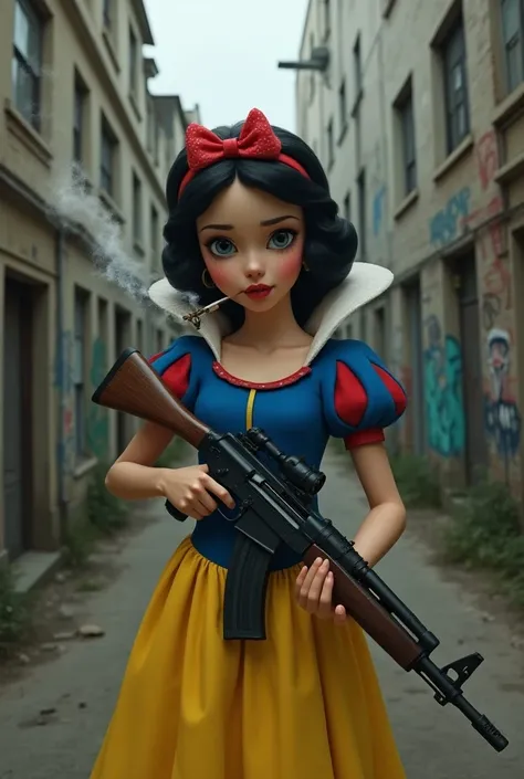 snow white logo holding a kalashnikov while smoking a joint in a neighborhood