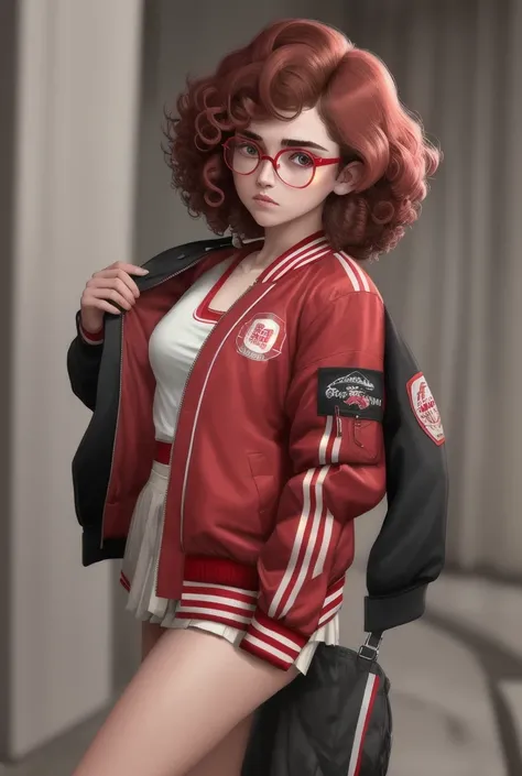 Make me a girl in a short curly mullet, with round glasses,  college bomber jacket dressed in a red and white uniform, a red . Alone