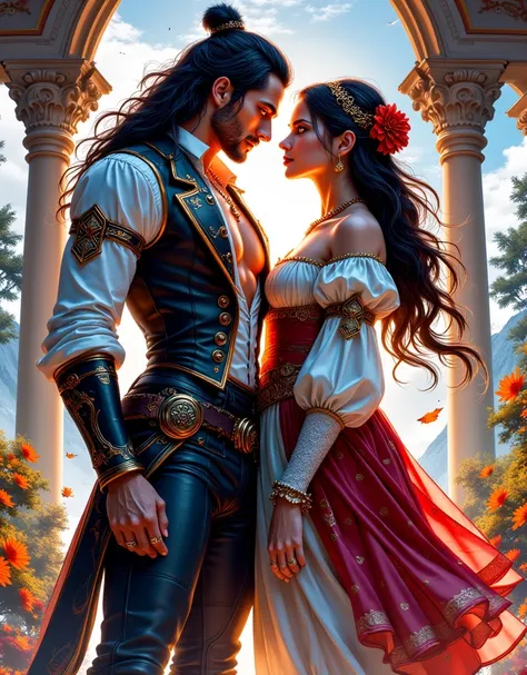 Ultra-realism, ink art, Colorful calligraphy graphics, Ultimate Quality, Crystal clear expression, Dramatic production, crazy cute, Simple Art, glossing, Victorian England,  beautiful Victorian clothes ,  bossy brutal handsome long-haired muscular man aged...