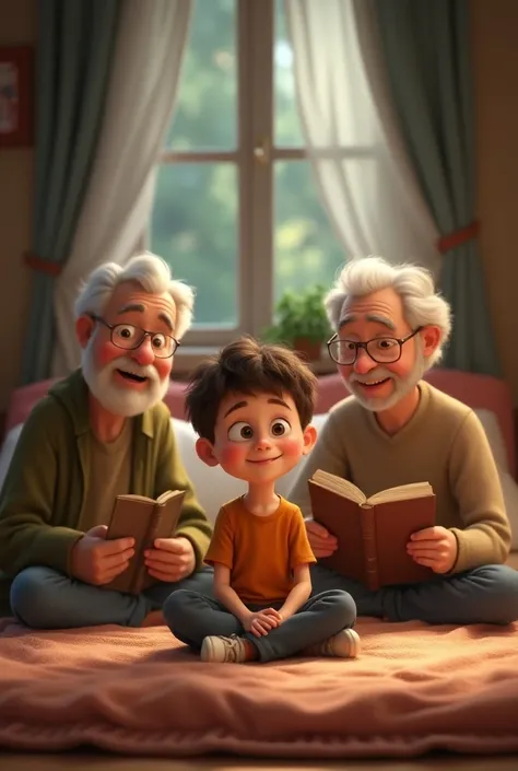 Animated image of a boy listening to his grandmother and grandfather stories in the bed