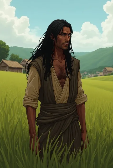 Create a dark-skinned peasant character with long straight hair in animation on the field