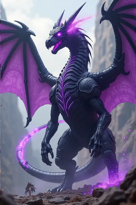 Bomris is a colossal dragon that reaches approximately 20 meters in length, with an imposing wingspan of up to 30 meters. Its skin is a deep black, similar to metal, reflecting light and giving a shine that accentuates its biomechanical nature. Bomris body...