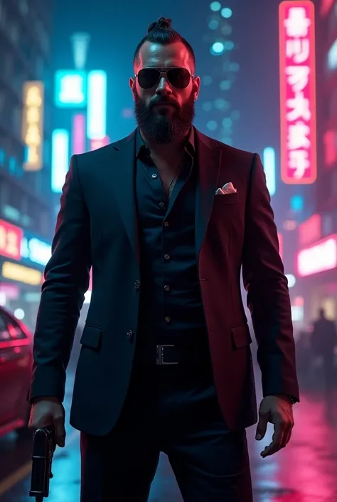 Man wearing suit, sunglasses, Biker gang member,  in neon city, with Gun in hand, full body shot, with beard