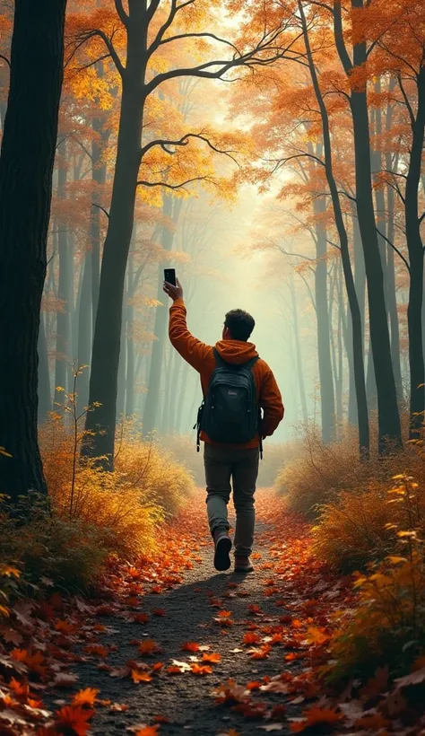 Man Traveler Trying To Catch Cell Signal On Phone Walking Alone In Autumn Forest No Signal On Mobile Phone