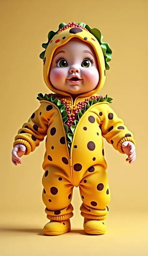  Baby wearing a jumpsuit with taco print, with ground beef, cheese, guacamole and lettuce decorating the costume 