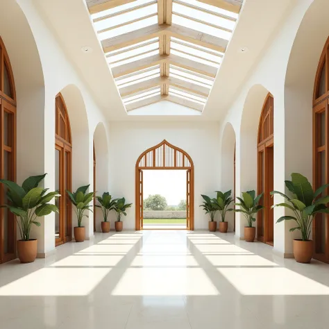 A bright, spacious interior view of the banquet of 32000 square feet at a tropical retreat and spa in Ratangarh, Rajasthan. The room is illuminated by natural light pouring through the clerestory windows of the butterfly roof. The white walls create a sere...