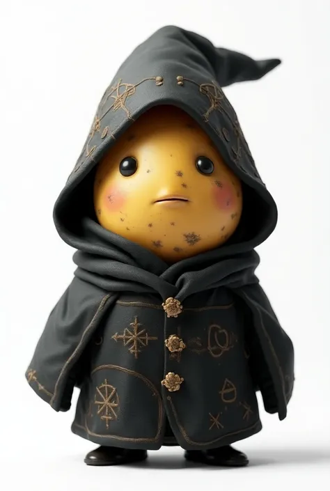 A 3D potato wearing the anime characters clothing "dark wizard" On a white background.