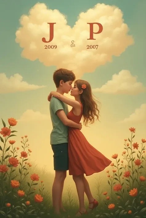 A painting of a boy making out with a girl ,  and that there is a heart in the sky and that in the heart there is a J and a P, Under J you put the number 2009 and under P you put the number 2007