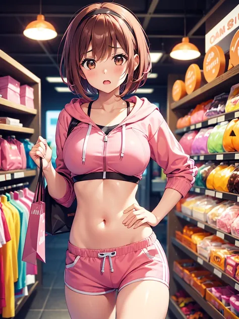  High Resolution ,cute, Brown Eyes ,Brown Hair,20-year-old woman,solo, pink sports bra , Pink Shorts, pink hair band ,Open your mouth and look worried ,B Cup, short hair, large front zip hoodie,Blurred Background, shopping at a Halloween goods store,